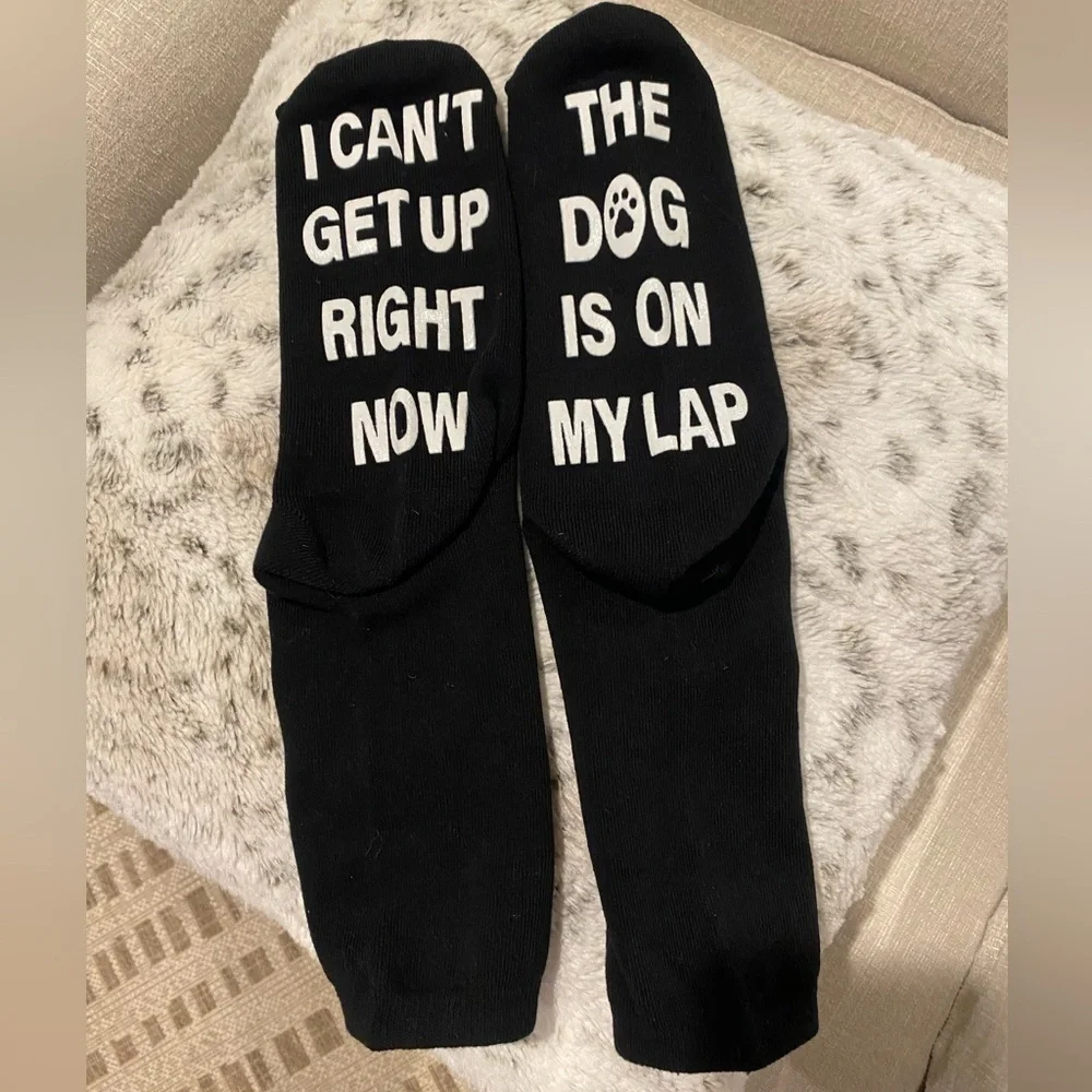 Black Novelty Socks -Dog Quote I CAN’T GET UP RIGHT NOW, THE DOG IS ON MY LAP OS